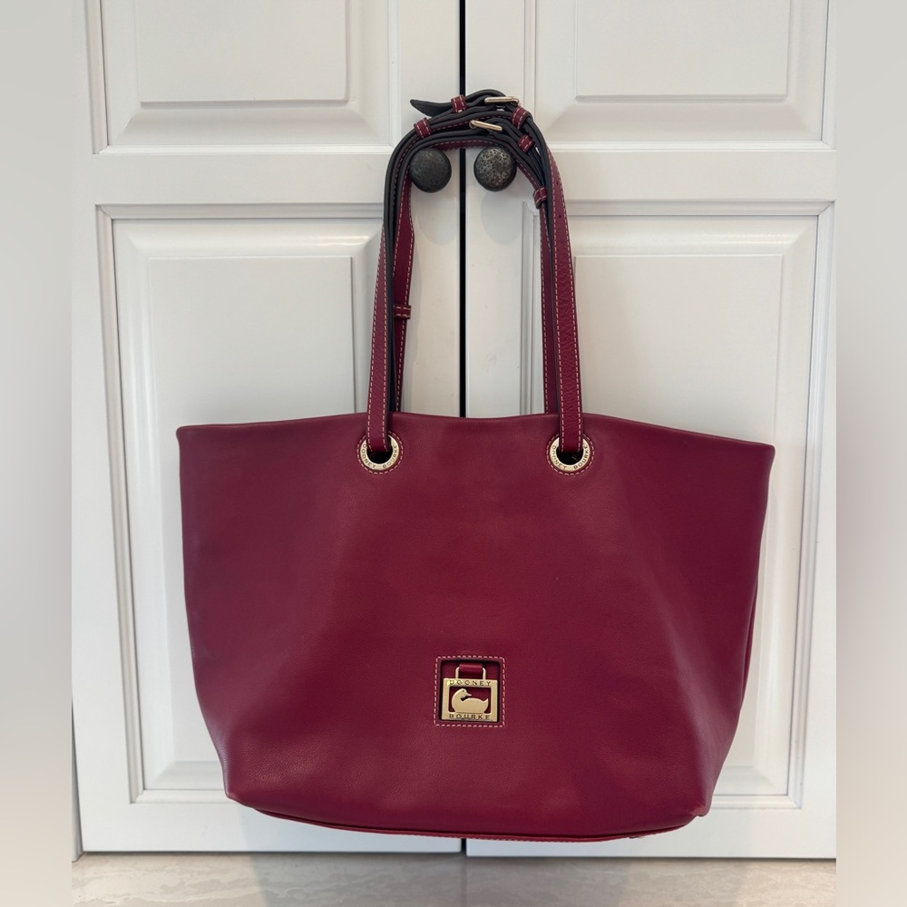 Dooney & Bourke Wine Red Leather Tote with Gold Logo Hardware